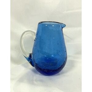 Vintage Cobalt Blue Crackle Glass Mini Pitcher Hand Blown Art Glass